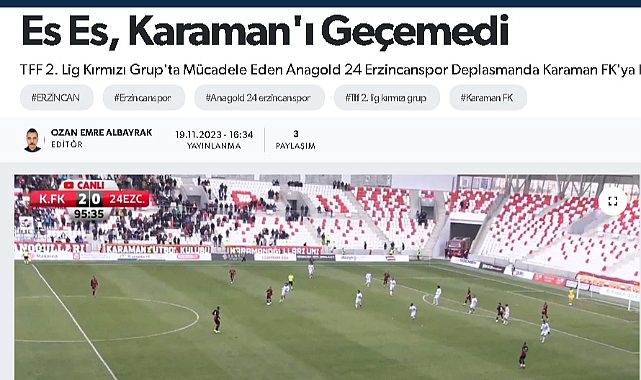 Erzincan Yerel Basını, Karaman FK-Erzincanspor Maçını Nasıl Gördü? 