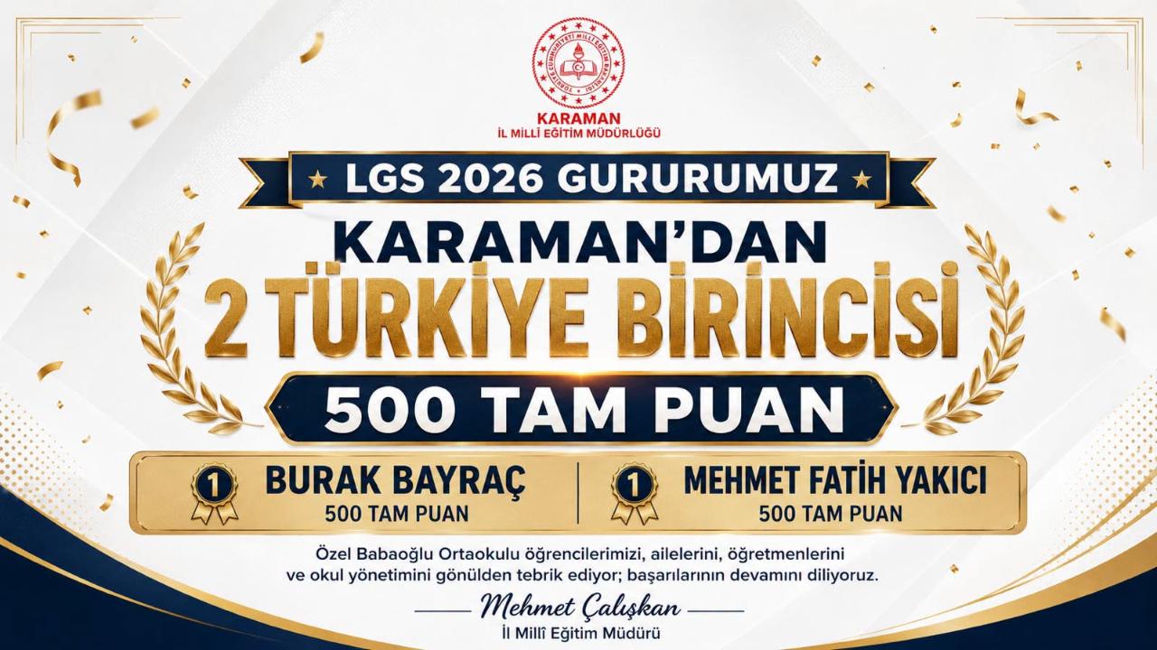 Karaman'dan LGS'de Büyük Gurur: 2 Öğrenci 500 Tam Puanla Türkiye Birincisi Oldu